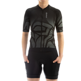Black cycling jersey with reflective patterns on a white background